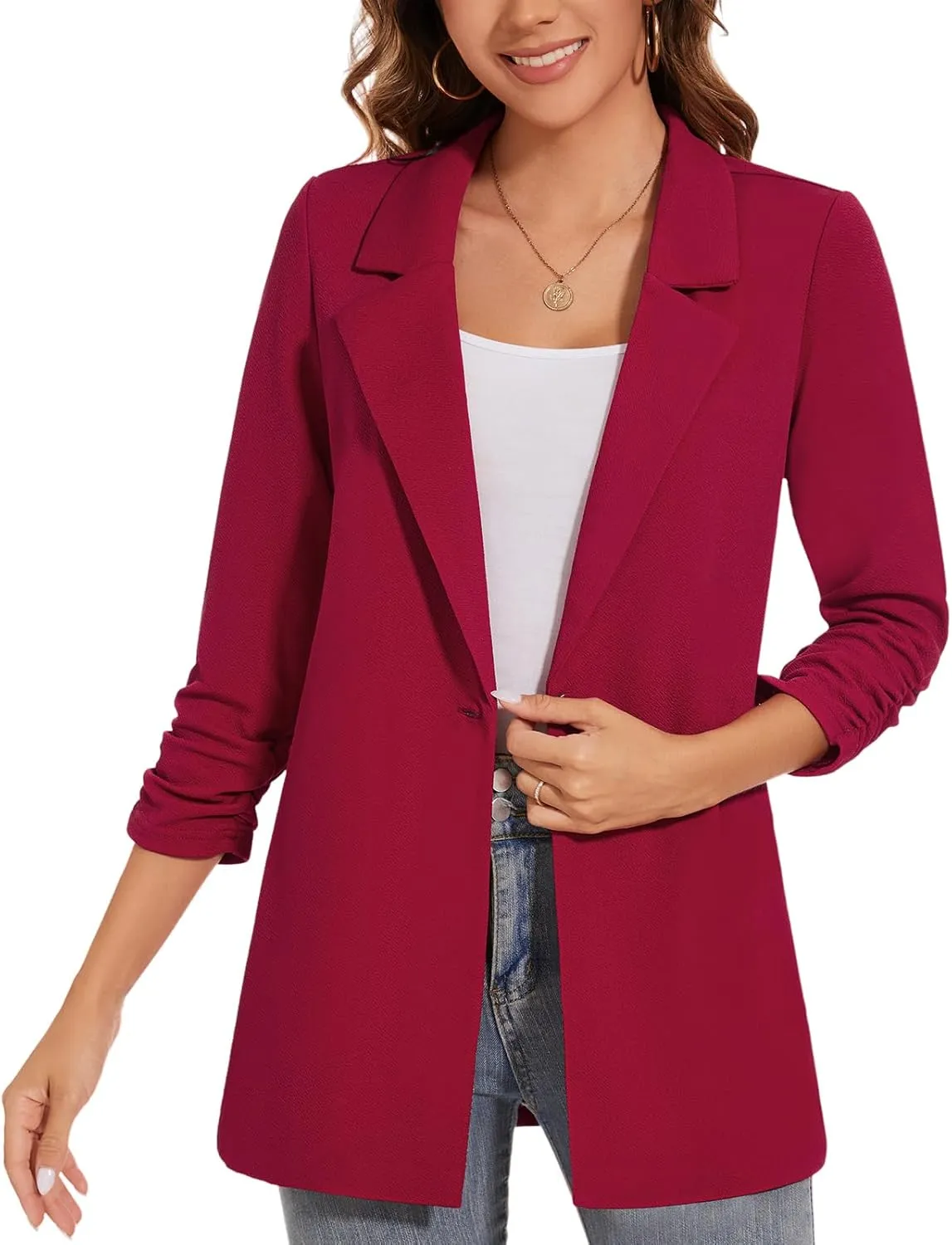 Women's Long Blazer Jackets Button Front Lapel Ruched 3/4 Sleeve Business Casual Office Work Lightweight Blazers