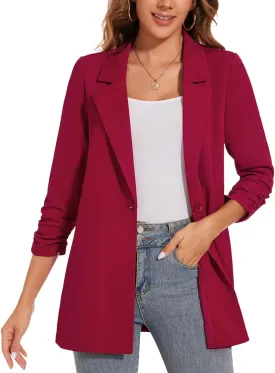 Women's Long Blazer Jackets Button Front Lapel Ruched 3/4 Sleeve Business Casual Office Work Lightweight Blazers