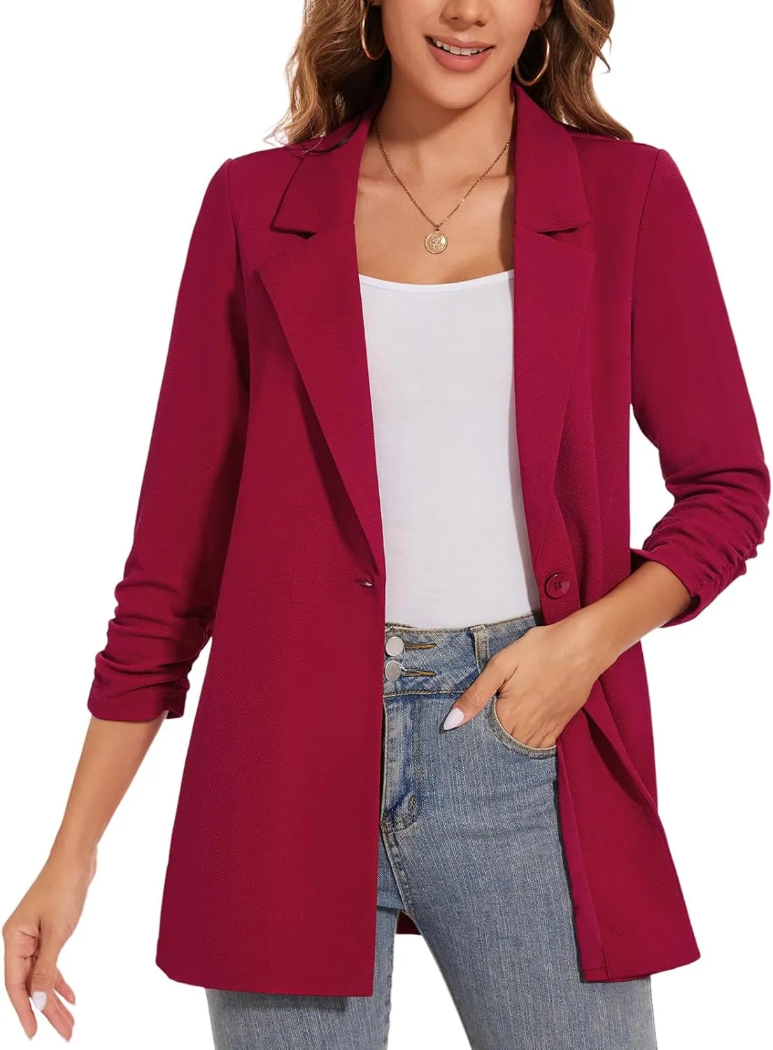 Women's Long Blazer Jackets Button Front Lapel Ruched 3/4 Sleeve Business Casual Office Work Lightweight Blazers