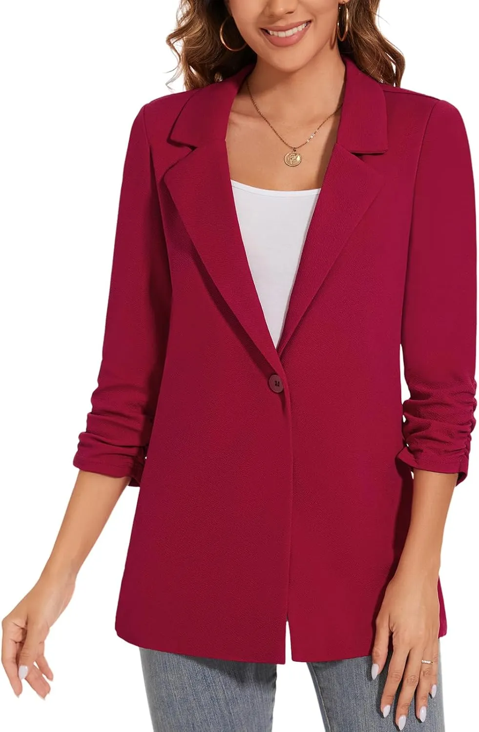 Women's Long Blazer Jackets Button Front Lapel Ruched 3/4 Sleeve Business Casual Office Work Lightweight Blazers