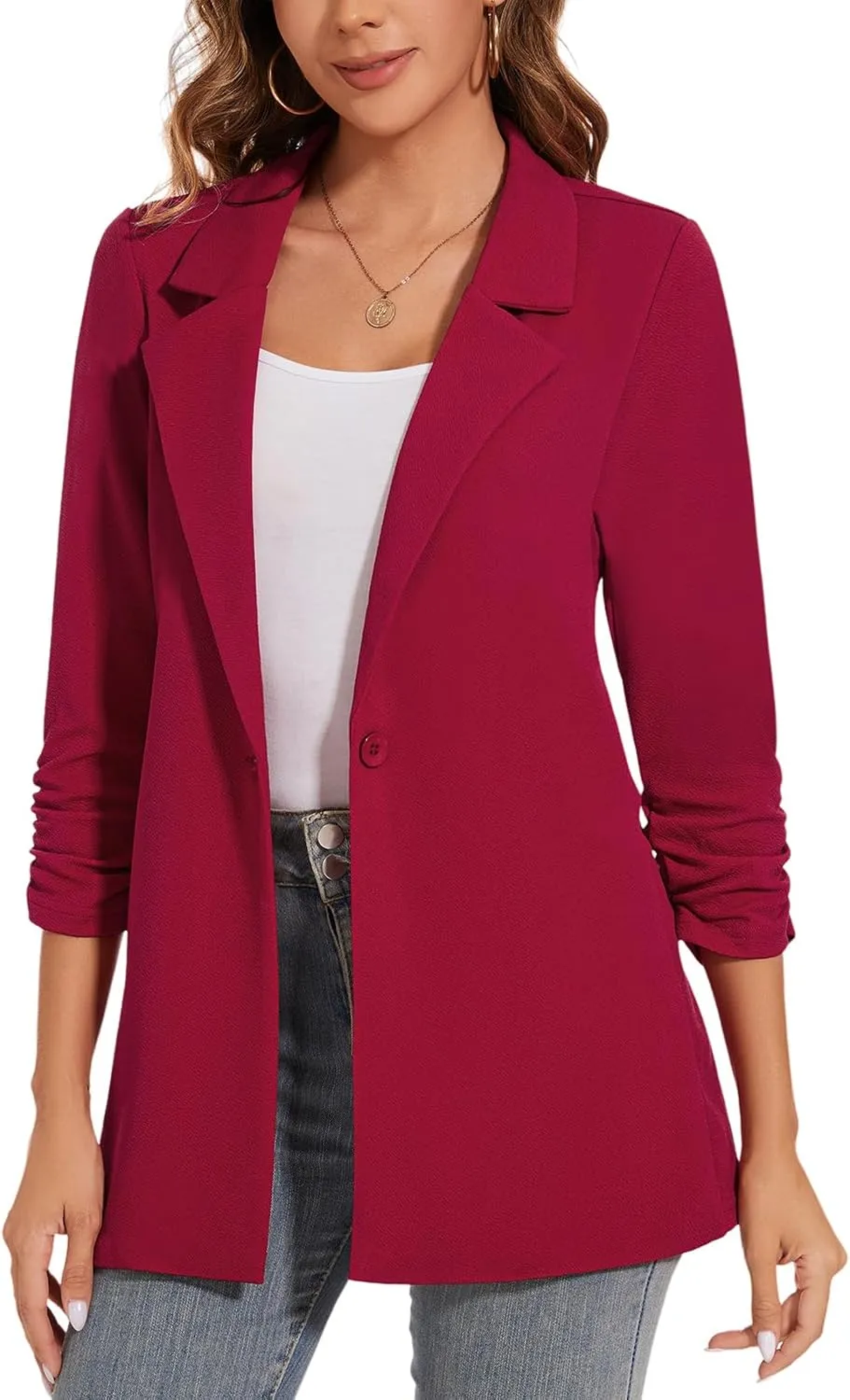 Women's Long Blazer Jackets Button Front Lapel Ruched 3/4 Sleeve Business Casual Office Work Lightweight Blazers
