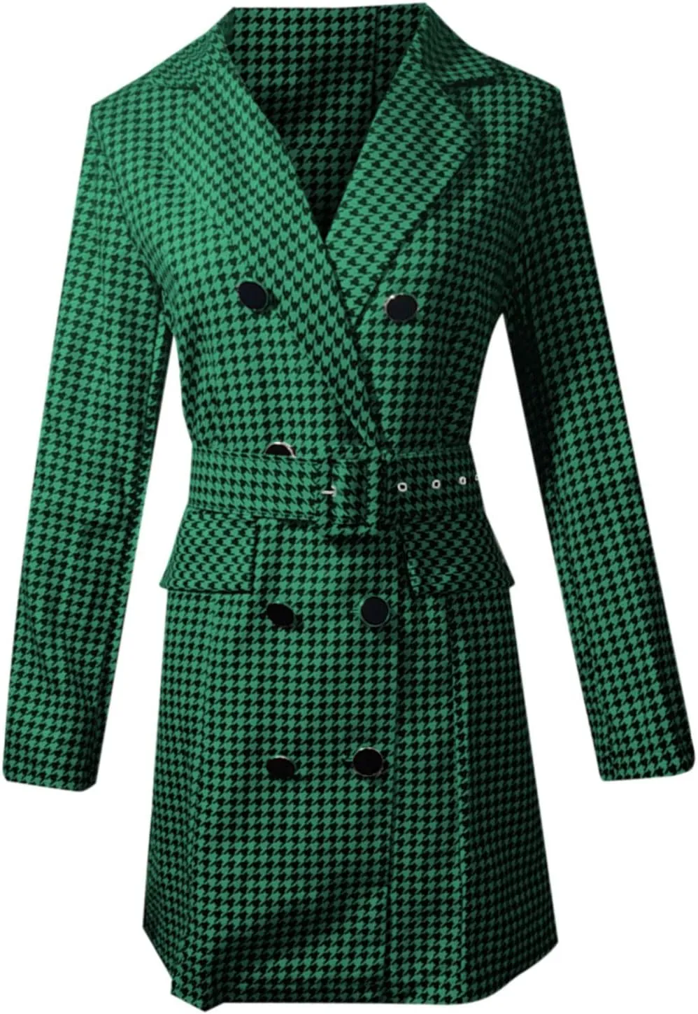 Women's Long Sleeve Lapel Double Breasted Button Front Houndstooth Blazer Dress Stylish Blazers Dresses with Belt