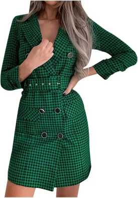 Women's Long Sleeve Lapel Double Breasted Button Front Houndstooth Blazer Dress Stylish Blazers Dresses with Belt