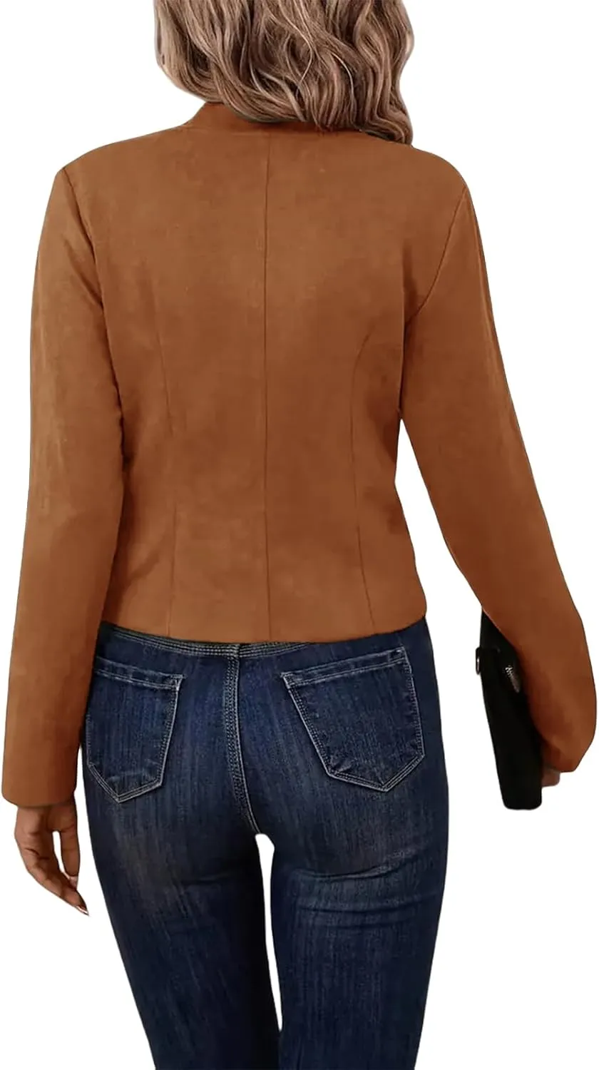 Women's Open Front Blazers Casual Stand Collar Long Sleeve Double Breasted Suit Jackets Business Solid Color Blazer