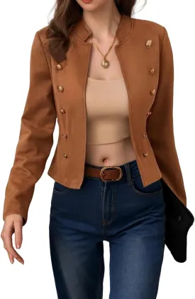 Women's Open Front Blazers Casual Stand Collar Long Sleeve Double Breasted Suit Jackets Business Solid Color Blazer