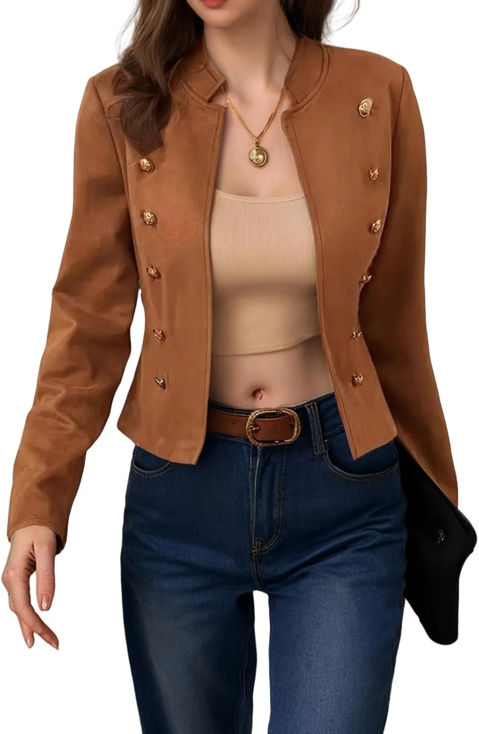 Women's Open Front Blazers Casual Stand Collar Long Sleeve Double Breasted Suit Jackets Business Solid Color Blazer