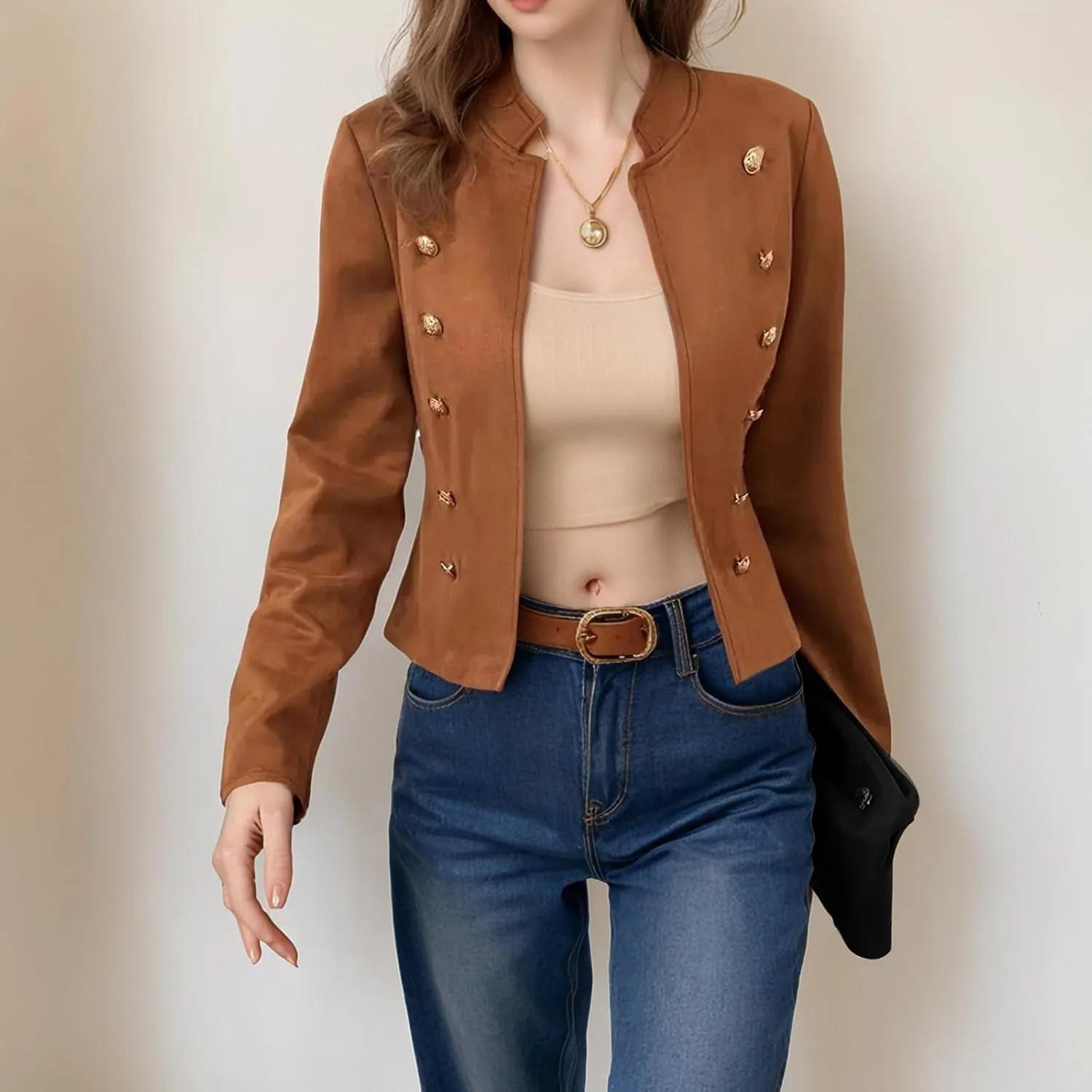Women's Open Front Blazers Casual Stand Collar Long Sleeve Double Breasted Suit Jackets Business Solid Color Blazer