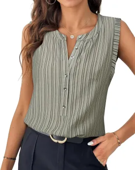 Womens Sleeveless Button Down Shirts Blouses Striped Casual Business Tank Tops Office Work