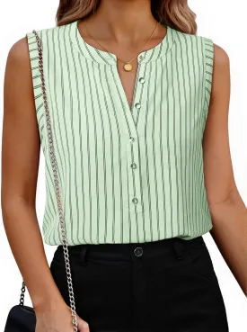 Womens Sleeveless Button Down Shirts Blouses Striped Casual Business Tank Tops Office Work