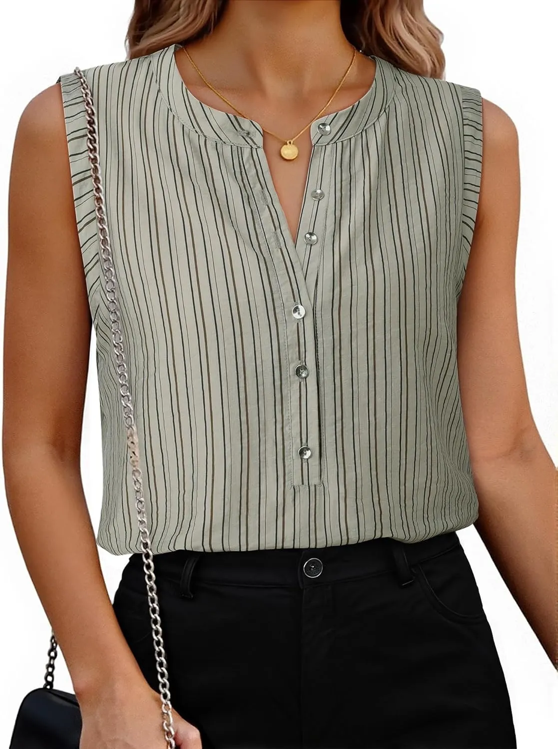 Womens Sleeveless Button Down Shirts Blouses Striped Casual Business Tank Tops Office Work