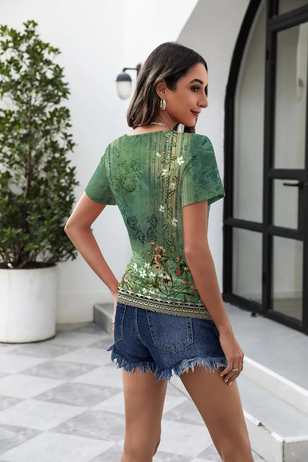 Womens Tops Short Sleeve Summer Henley Shirts Scoop Neck Ruched Button Blouses Dressy Casual Tunics Loose Fit Tops