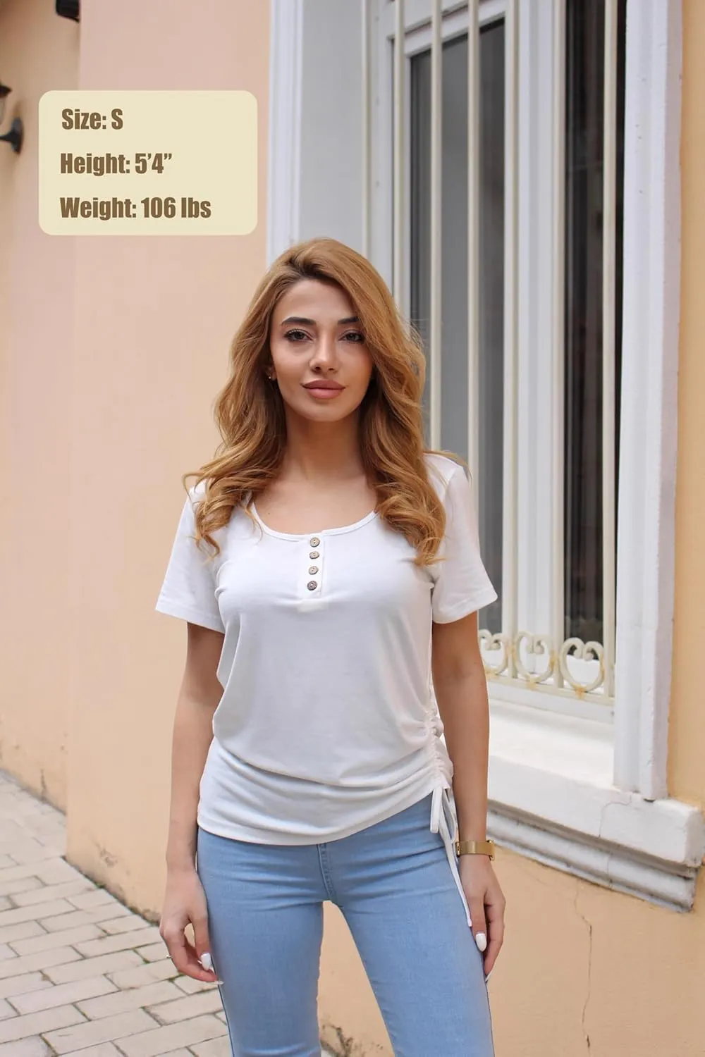 Womens Tops Short Sleeve Summer Henley Shirts Scoop Neck Ruched Button Blouses Dressy Casual Tunics Loose Fit Tops