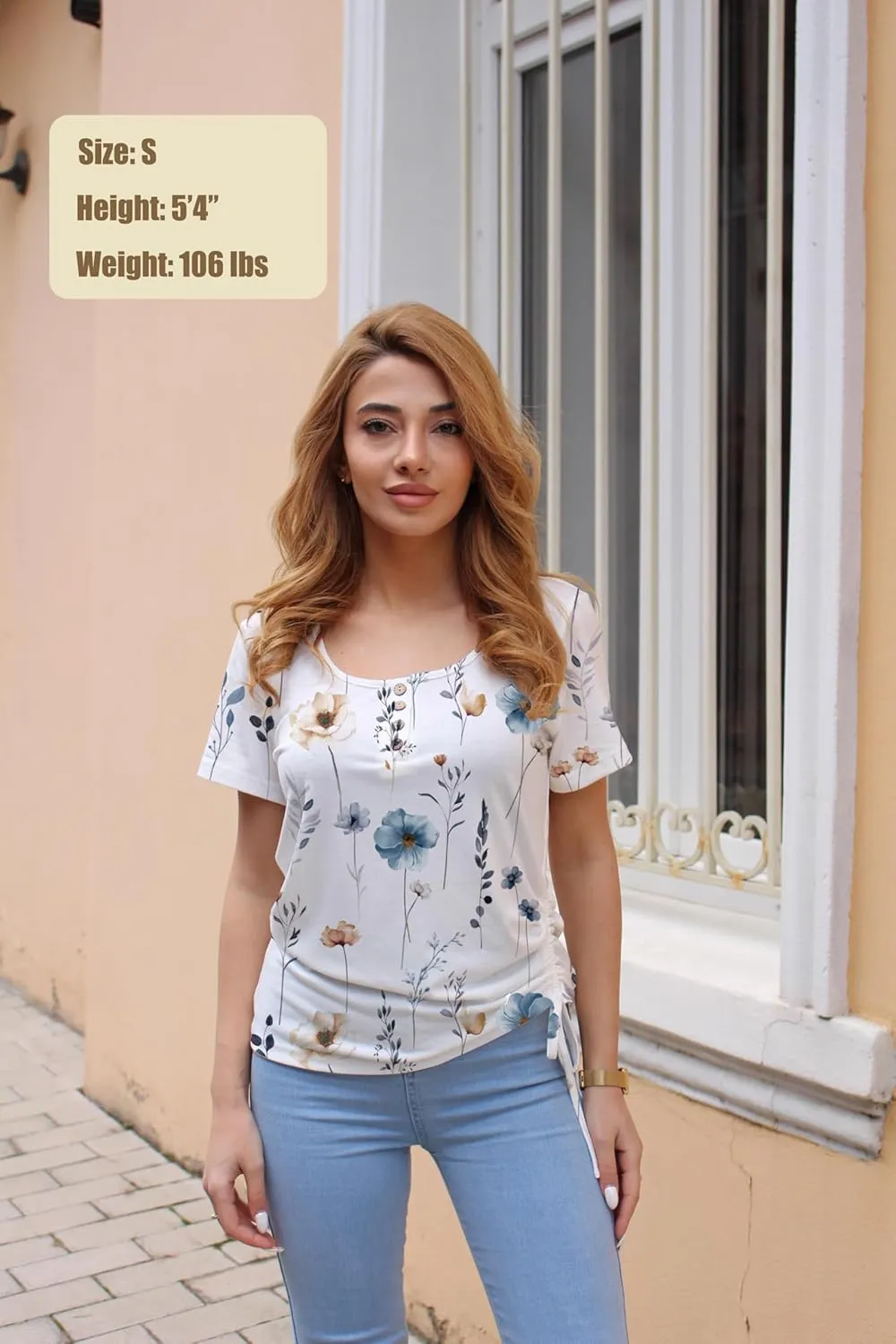 Womens Tops Short Sleeve Summer Henley Shirts Scoop Neck Ruched Button Blouses Dressy Casual Tunics Loose Fit Tops