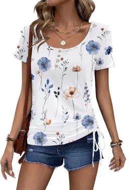 Womens Tops Short Sleeve Summer Henley Shirts Scoop Neck Ruched Button Blouses Dressy Casual Tunics Loose Fit Tops